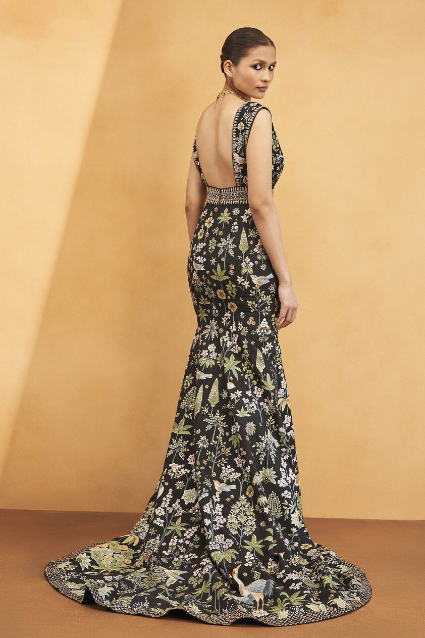 Magic Of The Evergreen Forest Hand-painted Pichhwai Silk Gown - Black, Black, image 2